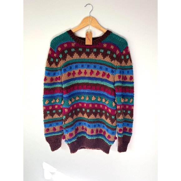 90s vintage multicolor striped polka dot pom poms textured chunky knit sweater - Picture 8 of 9